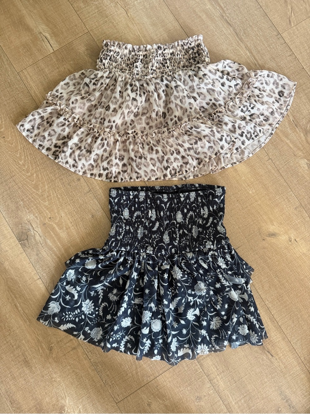 Zara Beige Leopard & Black Floral Smocked Ruffle Skirts